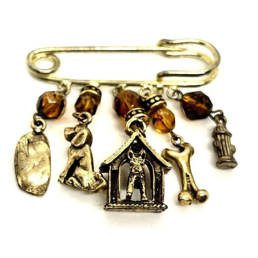VINTAGE DOG BROOCH Pin Gold Tone Safety Pin Charm Doghouse Bone Hydrant